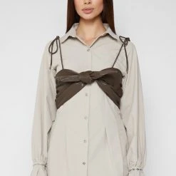 Woman Dresses Bralette Shirt Dress With Chain Cuff - Beige/Brown