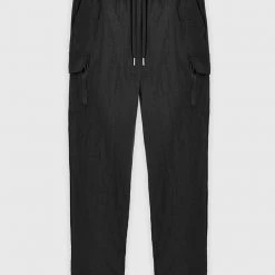 Man Tracksuit Bottoms Crinkled Nylon Cargo Pants - Black