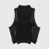 Woman Tops Jersey & Cracked Vegan Leather Crop Top - Black