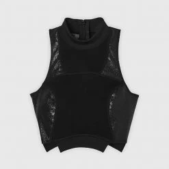 Woman Tops Jersey & Cracked Vegan Leather Crop Top - Black
