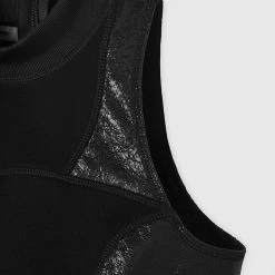 Woman Tops Jersey & Cracked Vegan Leather Crop Top - Black