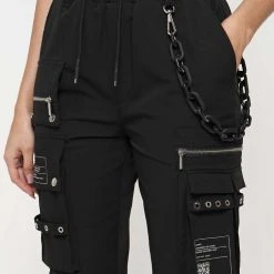 Woman Trousers Cargo Pants With Marble & Matte Chain - Black