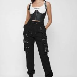 Woman Trousers Cargo Pants With Marble & Matte Chain - Black