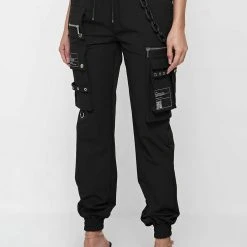 Woman Trousers Cargo Pants With Marble & Matte Chain - Black