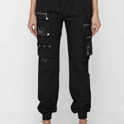Woman Trousers Cargo Pants With Marble & Matte Chain - Black