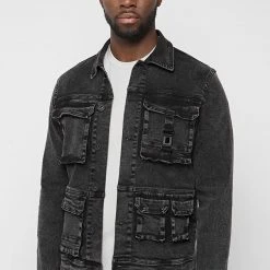Man Jackets Cargo Pocket Denim Jacket - Stonewash Black