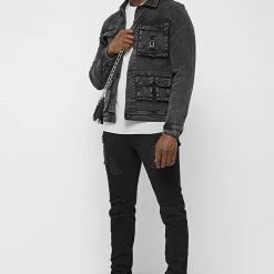 Man Jackets Cargo Pocket Denim Jacket - Stonewash Black