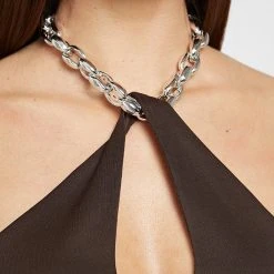 Woman Dresses Chain Halterneck Bodycon Dress - Brown