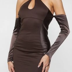 Woman Dresses Chain Halterneck Bodycon Dress - Brown