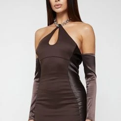 Woman Dresses Chain Halterneck Bodycon Dress - Brown