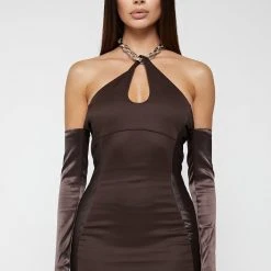 Woman Dresses Chain Halterneck Bodycon Dress - Brown