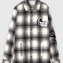 Man Shirts Check Shacket With Badge - Beige