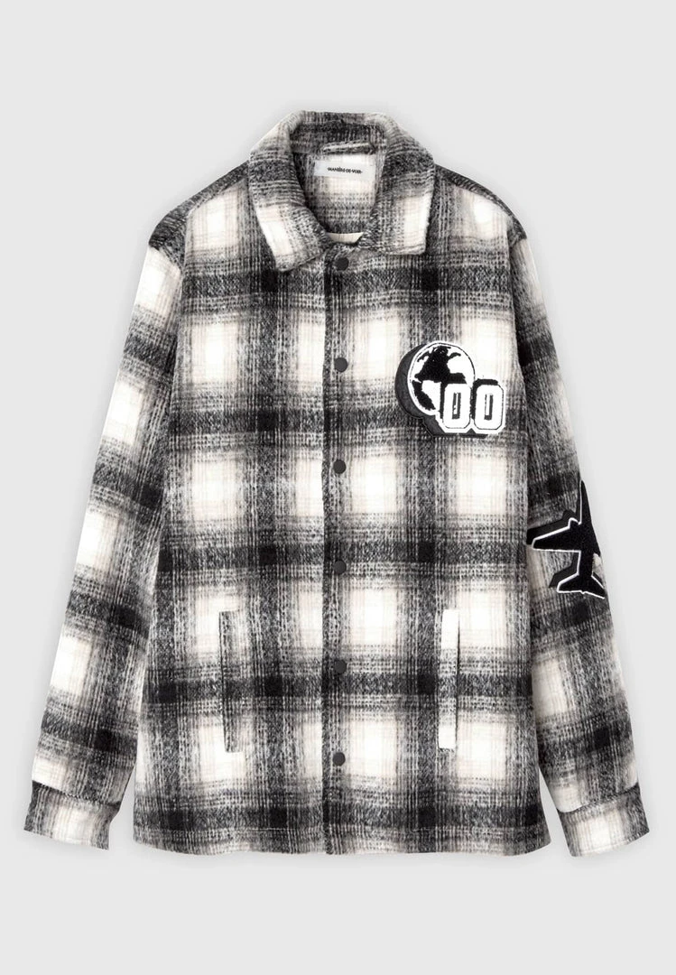 Man Shirts Check Shacket With Badge - Beige