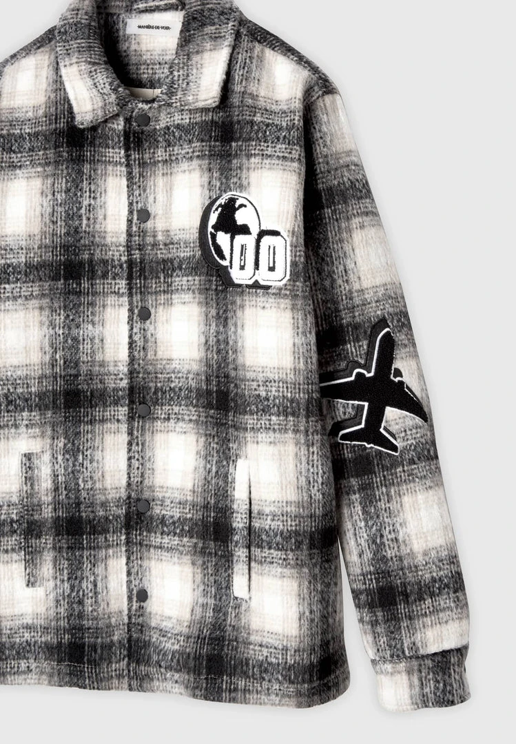 Man Shirts Check Shacket With Badge - Beige