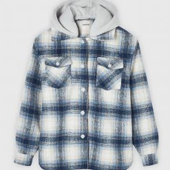 Woman Jackets Checked Shacket With Jersey Hood - Blue
