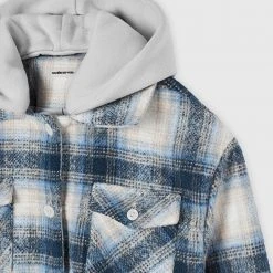 Woman Jackets Checked Shacket With Jersey Hood - Blue