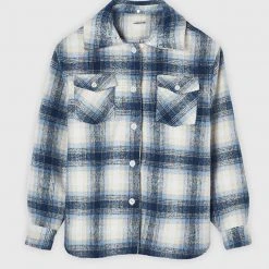 Woman Jackets Checked Shacket With Jersey Hood - Blue