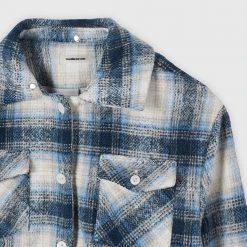 Woman Jackets Checked Shacket With Jersey Hood - Blue