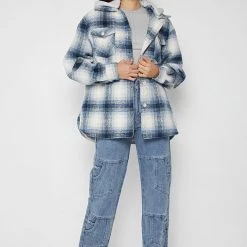 Woman Jackets Checked Shacket With Jersey Hood - Blue