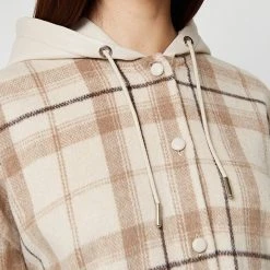 Woman Jackets Checked Shacket With Vegan Leather Hood - Beige