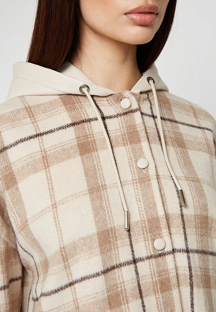 Woman Jackets Checked Shacket With Vegan Leather Hood - Beige