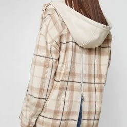 Woman Jackets Checked Shacket With Vegan Leather Hood - Beige