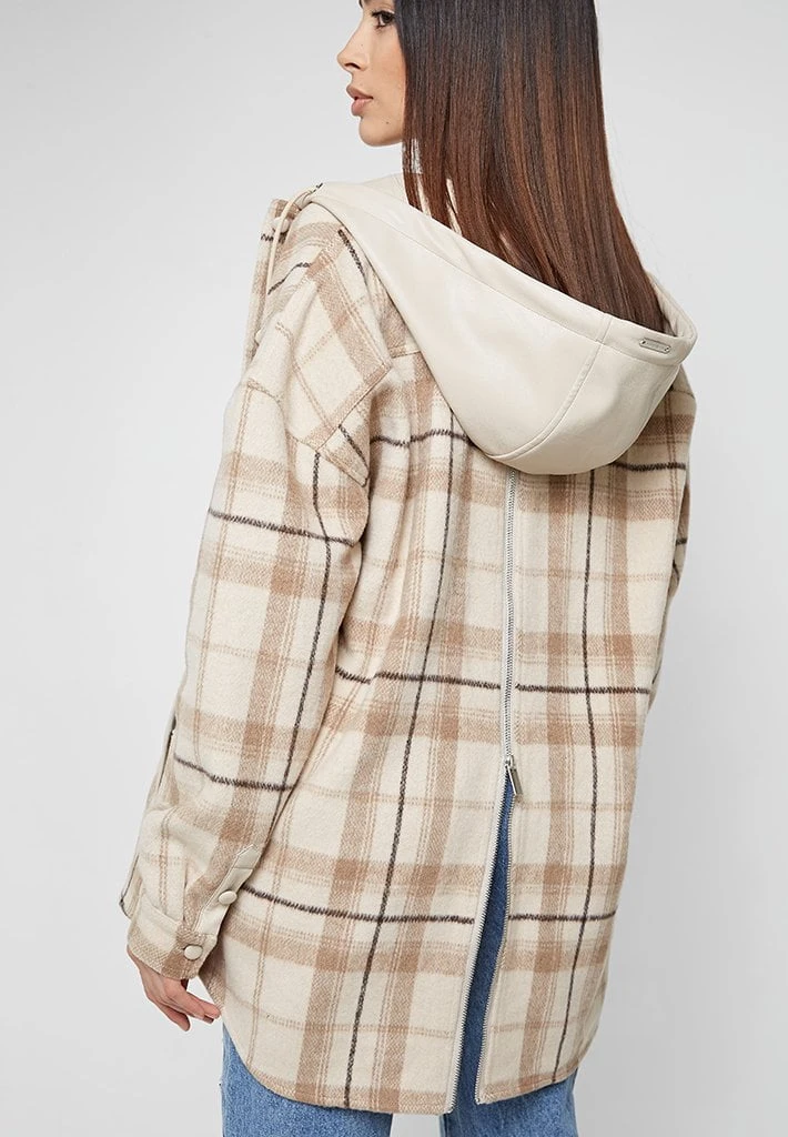 Woman Jackets Checked Shacket With Vegan Leather Hood - Beige