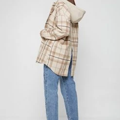 Woman Jackets Checked Shacket With Vegan Leather Hood - Beige