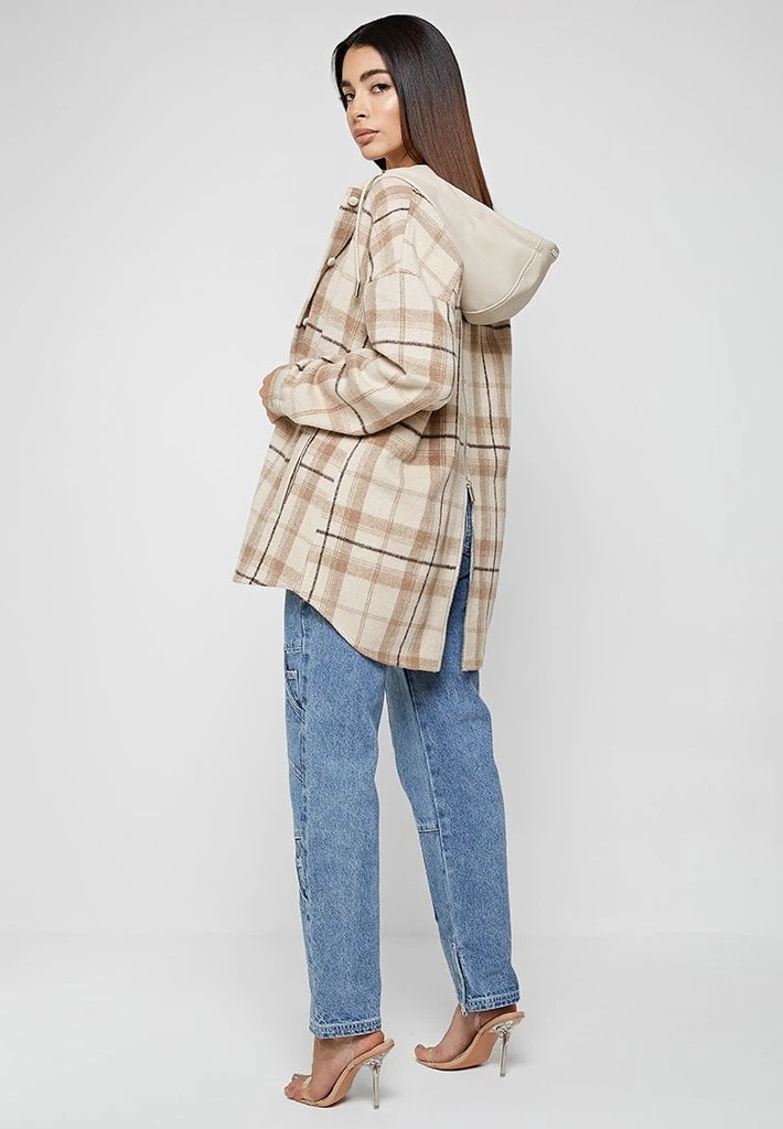 Woman Jackets Checked Shacket With Vegan Leather Hood - Beige