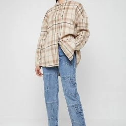 Woman Jackets Checked Shacket With Vegan Leather Hood - Beige