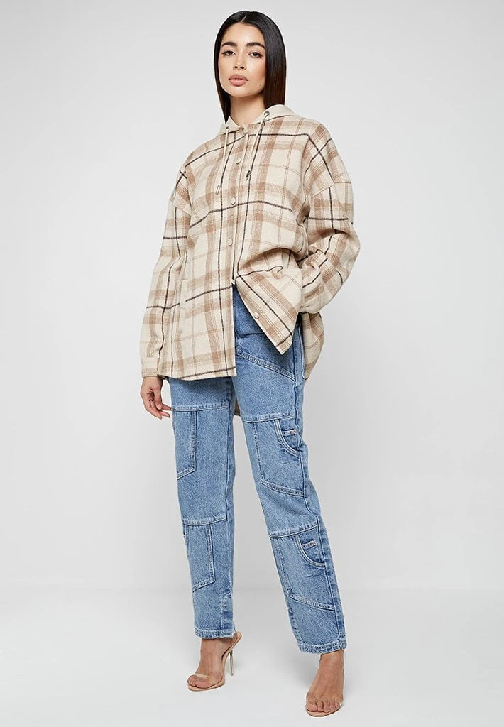 Woman Jackets Checked Shacket With Vegan Leather Hood - Beige