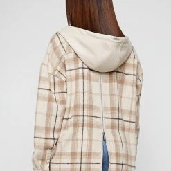 Woman Jackets Checked Shacket With Vegan Leather Hood - Beige