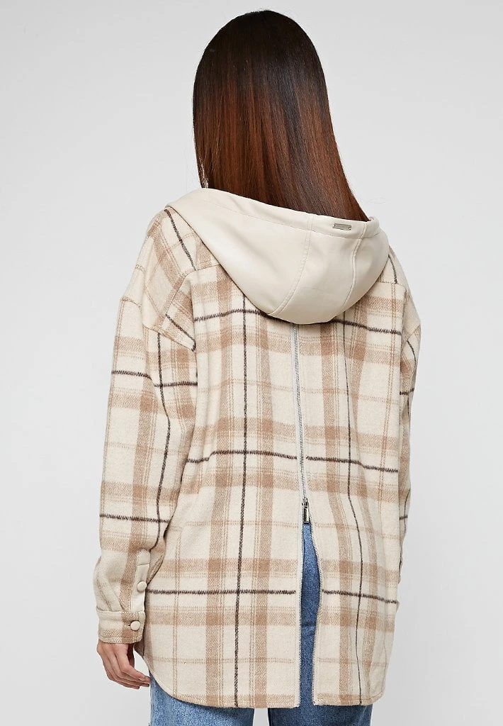 Woman Jackets Checked Shacket With Vegan Leather Hood - Beige