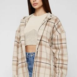 Woman Jackets Checked Shacket With Vegan Leather Hood - Beige