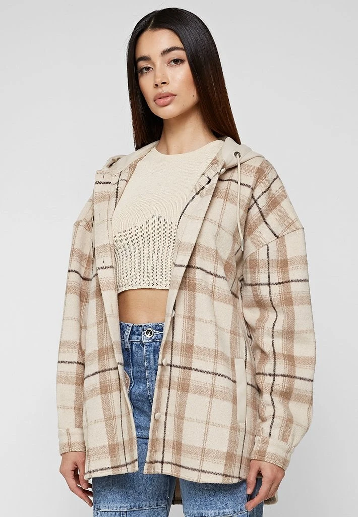 Woman Jackets Checked Shacket With Vegan Leather Hood - Beige