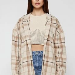 Woman Jackets Checked Shacket With Vegan Leather Hood - Beige