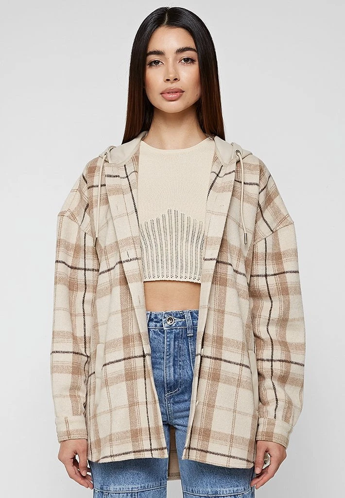 Woman Jackets Checked Shacket With Vegan Leather Hood - Beige