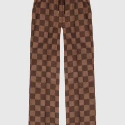 Woman Trousers Checkered Satin Wide Leg Trousers - Brown