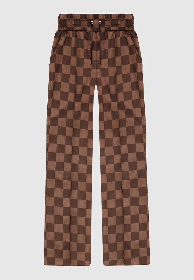 Woman Trousers Checkered Satin Wide Leg Trousers - Brown