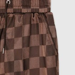 Woman Trousers Checkered Satin Wide Leg Trousers - Brown