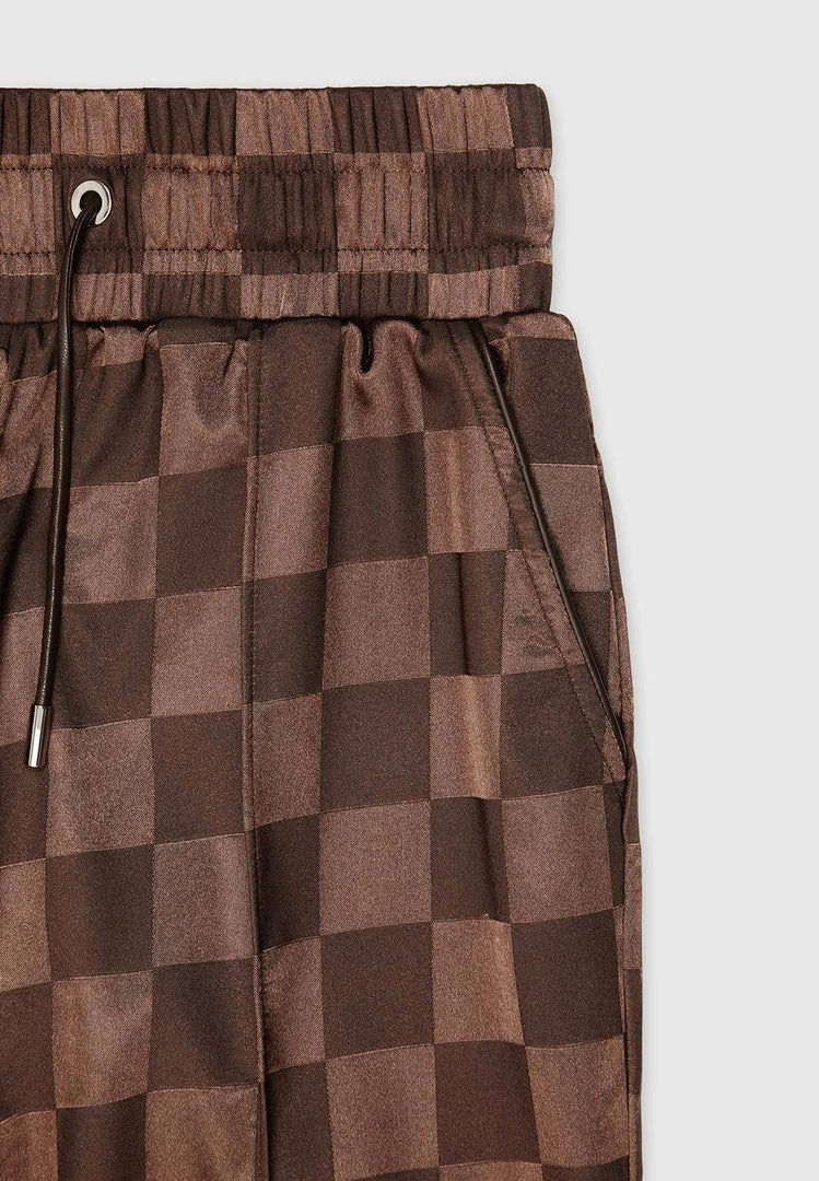 Woman Trousers Checkered Satin Wide Leg Trousers - Brown