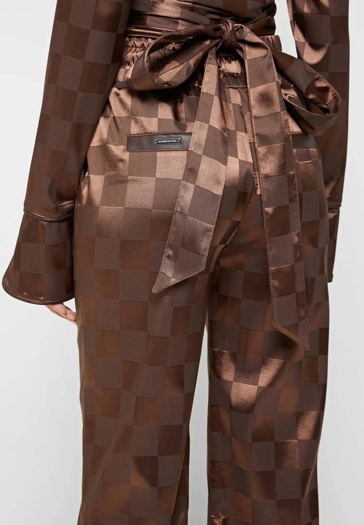 Woman Trousers Checkered Satin Wide Leg Trousers - Brown
