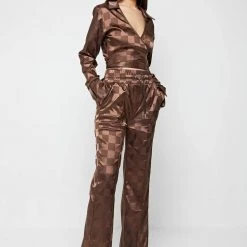 Woman Trousers Checkered Satin Wide Leg Trousers - Brown