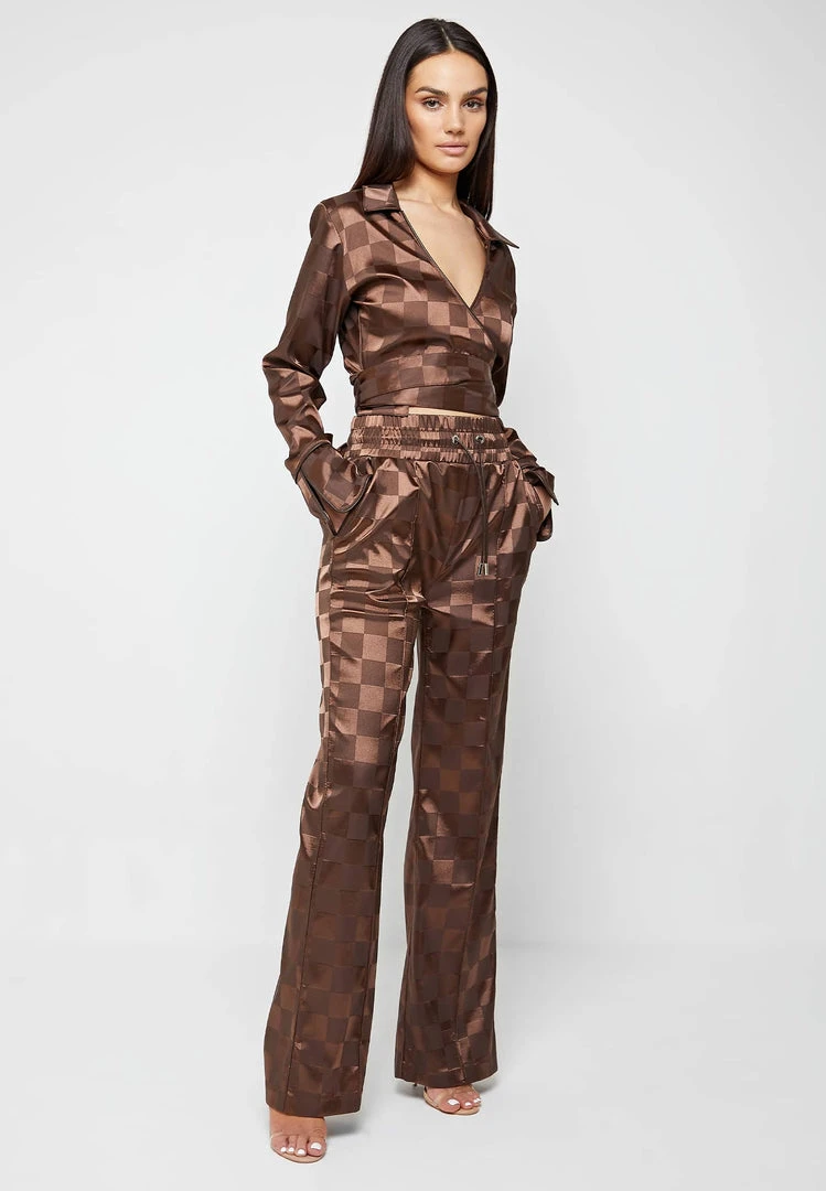Woman Trousers Checkered Satin Wide Leg Trousers - Brown