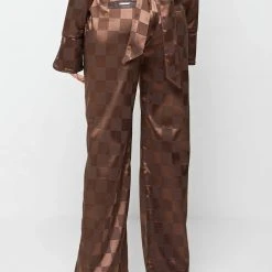Woman Trousers Checkered Satin Wide Leg Trousers - Brown