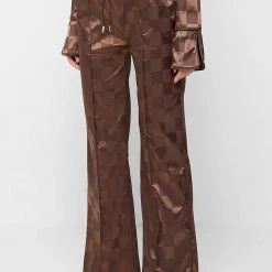 Woman Trousers Checkered Satin Wide Leg Trousers - Brown