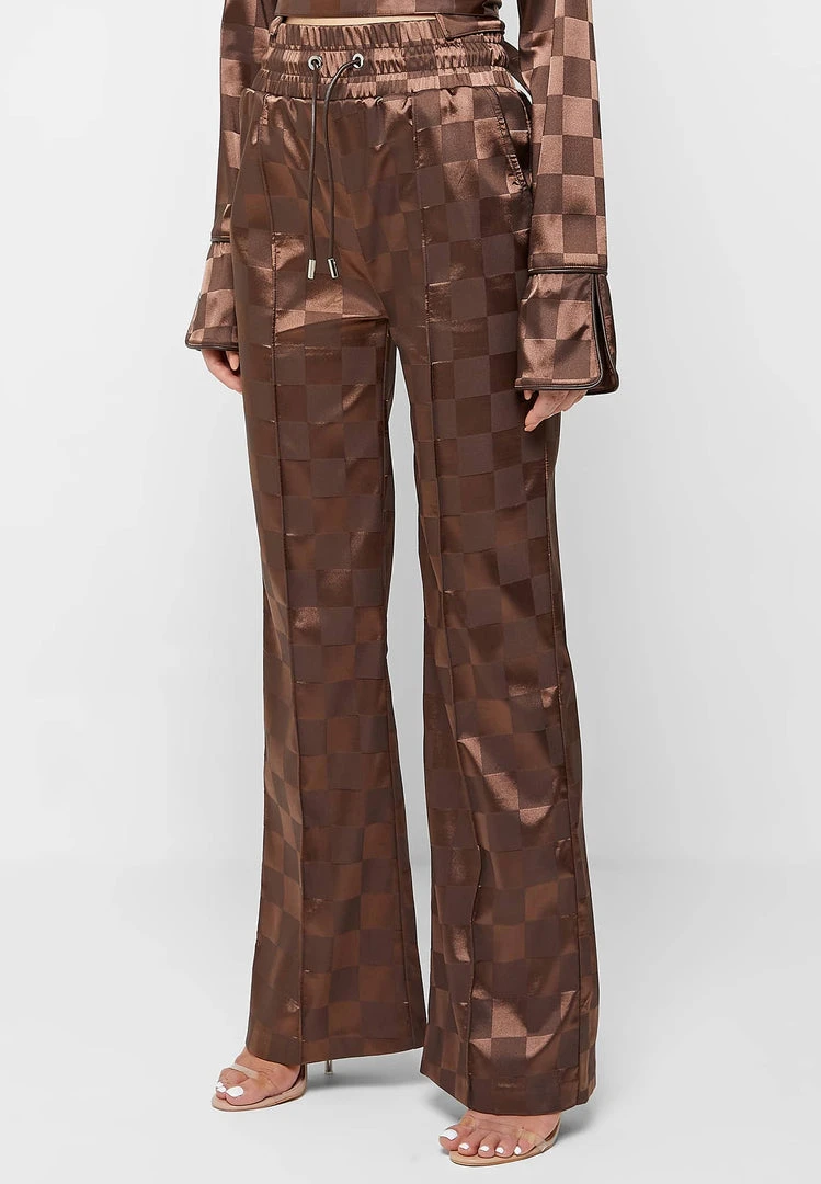 Woman Trousers Checkered Satin Wide Leg Trousers - Brown