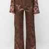 Woman Trousers Checkered Satin Wide Leg Trousers - Brown
