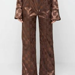 Woman Trousers Checkered Satin Wide Leg Trousers - Brown
