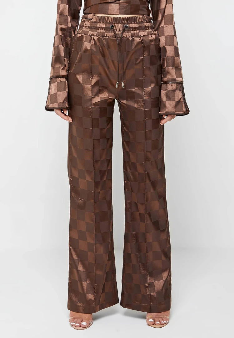 Woman Trousers Checkered Satin Wide Leg Trousers - Brown